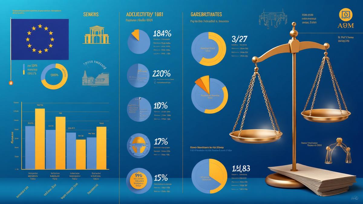 AİHM istatistiklerini kavramsal olarak temsil eden erişilebilir görsel: trend grafikleri, Avrupa haritası ve adalet terazisi