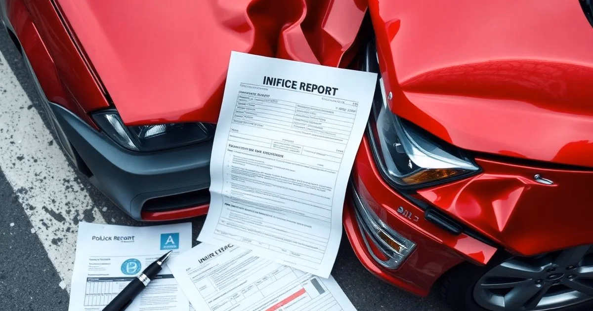 Car accident scene with legal documents overlay